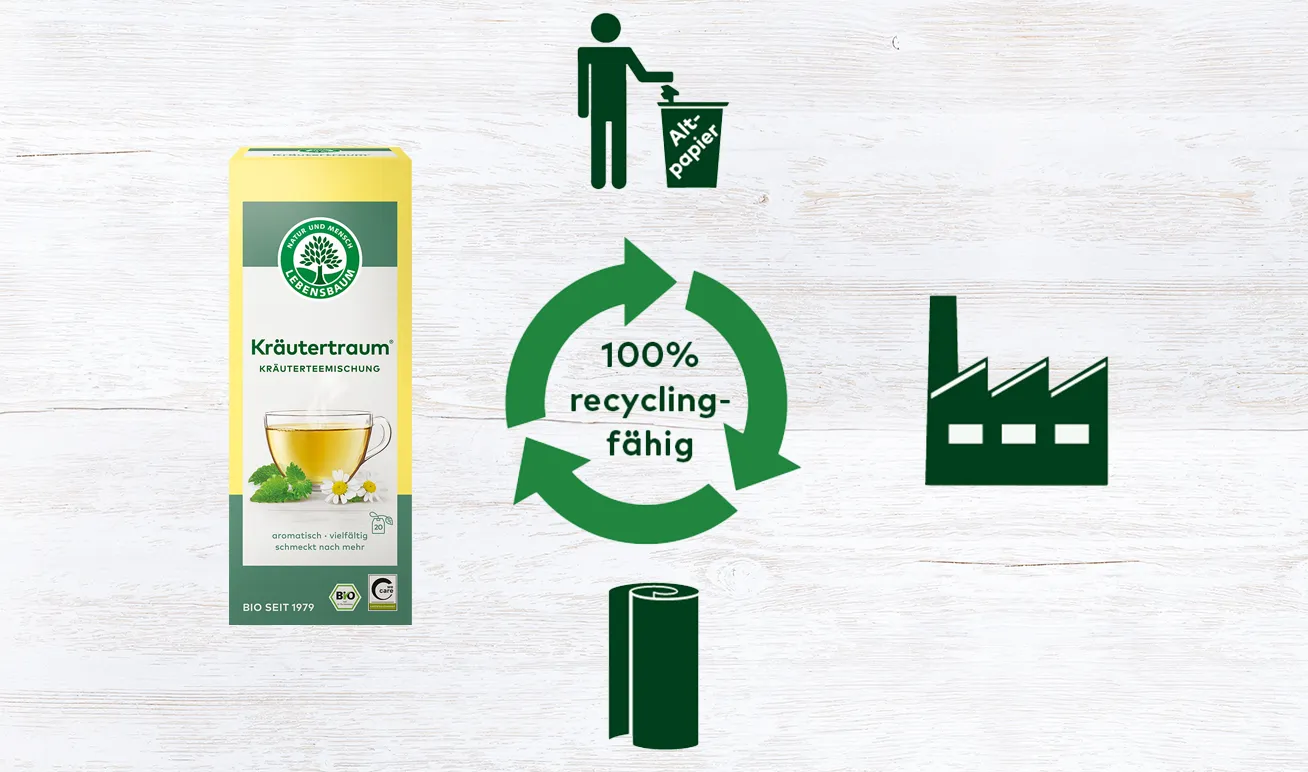 Eine Teeverpackung der Sorte ‚Kräutertraum‘ von Lebensbaum steht links im Bild. Darum herum sind grüne Symbole zu Recycling und Abfalltrennung angeordnet. In der Mitte steht ‚100 % recyclingfähig‘ in einem Recycling-Pfeilkreis