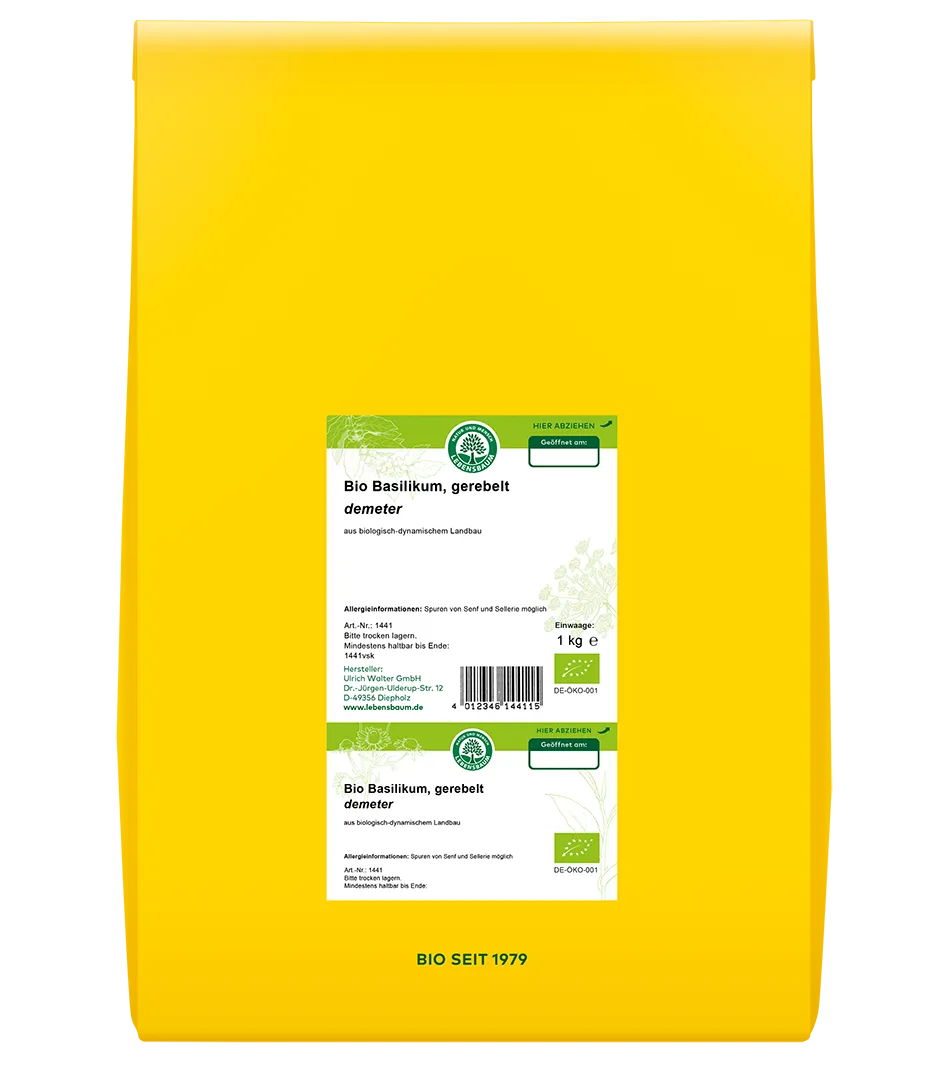 Bio Basilikum gerebelt in 1 kg Großpackung mit gelber Verpackung, Demeter-Zertifikat und Bio-Siegel sichtbar.