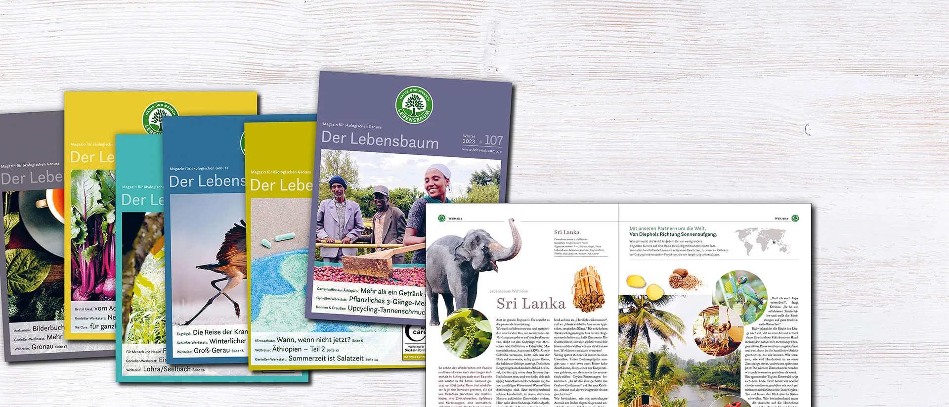 Stapel von "Der Lebensbaum" Magazinen auf hellem Holzhintergrund mit aufgeschlagener Seite über Sri Lanka, Elefant und Gewürzanbau.