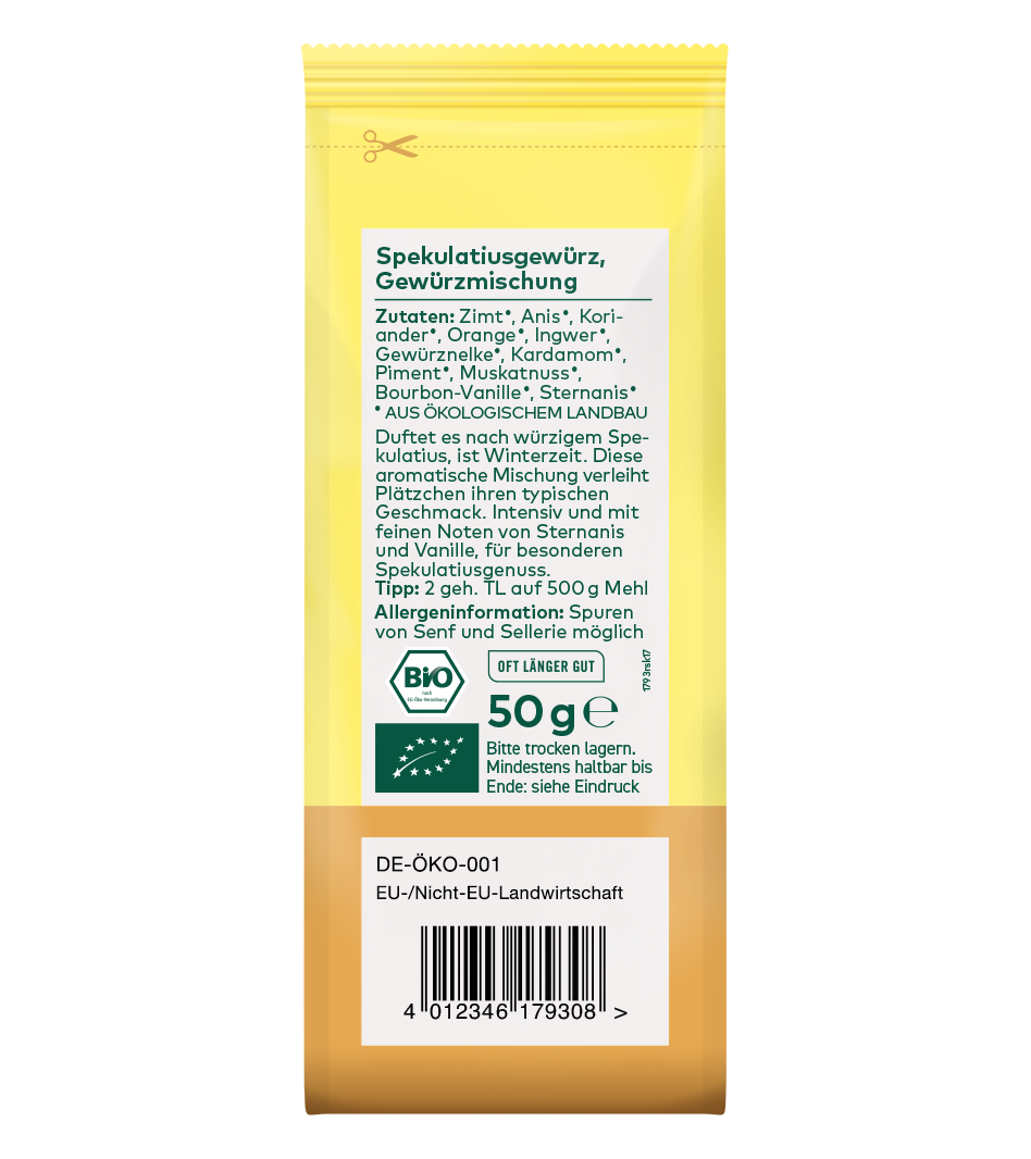 Spekulatiusgewürz Bio-Gewürzmischung, 50g Packung, gelb-braun, mit Zutatenliste und Öko-Zertifikat.