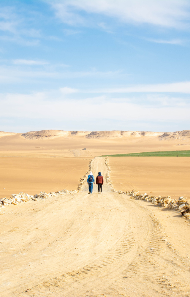 Wüste mit einer Straße in Ägypten, auf der Straße 2 Menschen