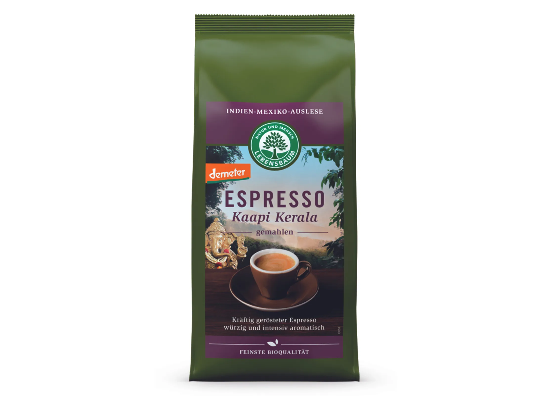 Lebensbaum Espresso Kaapi Kerala gemahlener Kaffee aus Indien, Mexiko und Mittelamerika in grüner Demeter-Packung.