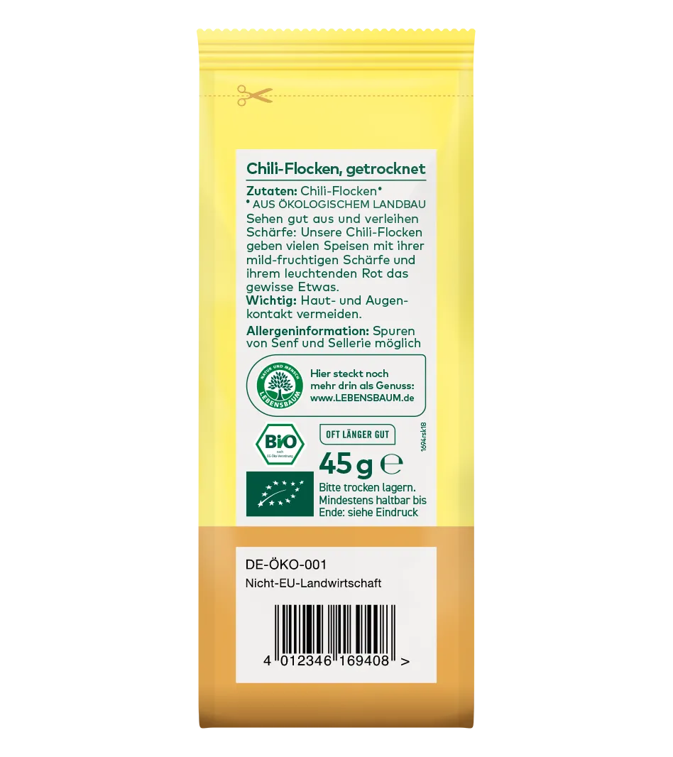 Bio Chili-Flocken getrocknet, 45g, gelbe Verpackung mit weißem Etikett und Bio-Zertifikat
